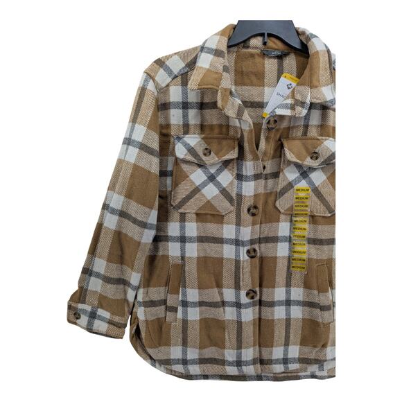 Member's Mark Plaid Shacket Medium Tan White Womens Layer Shirt Jacket Boxy Fit - Picture 2 of 11